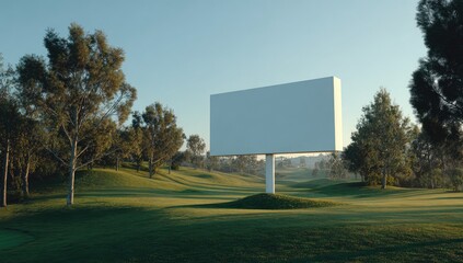 Blank billboard on a golf course at dawn