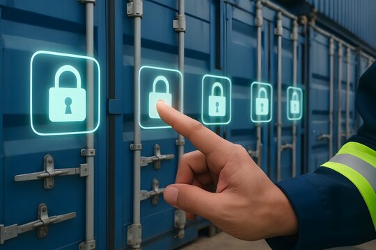 Secure Logistics and Technology Integration. A hand interacting with a digital interface representing a lock, symbolizing security in logistics operations.