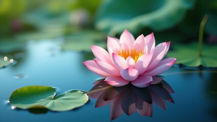Delicate pink lotus flower resting on still water.