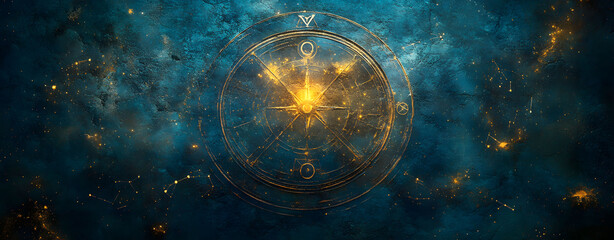 Vintage astrology background with a luminous golden zodiac symbol. Esoteric sigil glowing in a deep blue cosmic nebula.