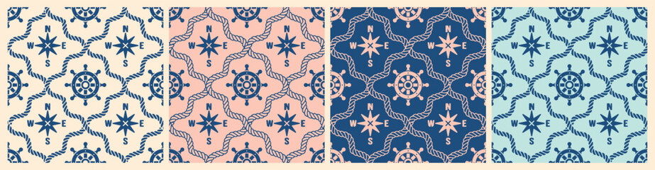 Retro-inspired pastel seamless pattern with compass and rope icons. Ideal for fabric, stationery, digital paper, scrapbooking, and nautical-themed packaging © Vigurskaia Sofiya