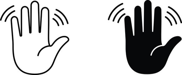 Waving Hand Icon Set – Outlined and Filled Gesture Symbols with Motion Indicators for UI Greetings and Interactive Prompts