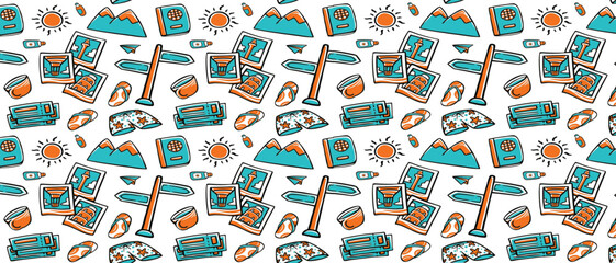 Global Summer Travel Doodle Seamless Pattern - Vacation Essentials & Landmarks