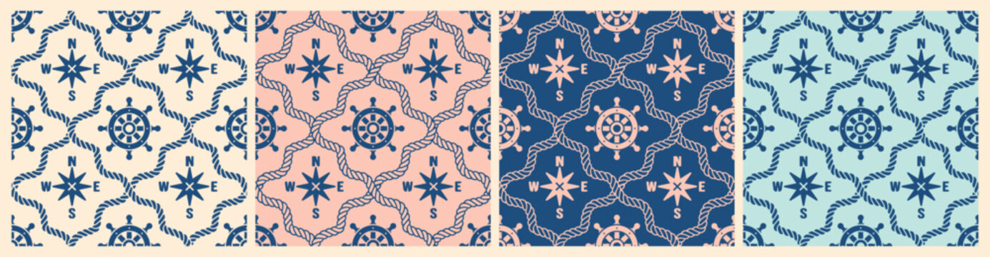Retro-inspired pastel seamless pattern with compass and rope icons. Ideal for fabric, stationery, digital paper, scrapbooking, and nautical-themed packaging