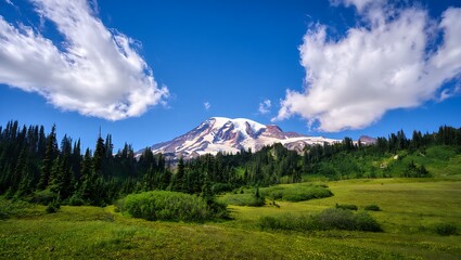 Obraz premium Majestic snow capped mountain peak surrounded by lush green forest and dramatic clouds