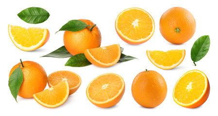Fresh oranges and green leaves isolated on white, set