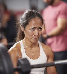 Obraz premium An Asian woman with a tense face performs a strength exercise with a barbell in the gym. Her body is drenched in sweat, her gaze is focused, demonstrating strength, determination .