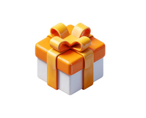 Illustration of an orange and white gift box with a ribbon and bow isolated on transparent background
