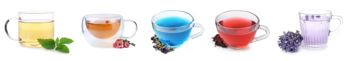 Flower and herbal teas in glass cups isolated on white, set