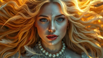 Dual tone woman portrait with hair and feathers