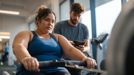 Overweight woman using rowing machine with trainer tracking progress at gym
