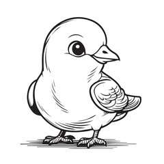 Cute Cartoon Bird Illustration in Black and White.