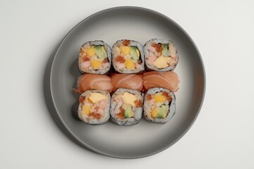 Assorted sushi rolls on a gray plate.