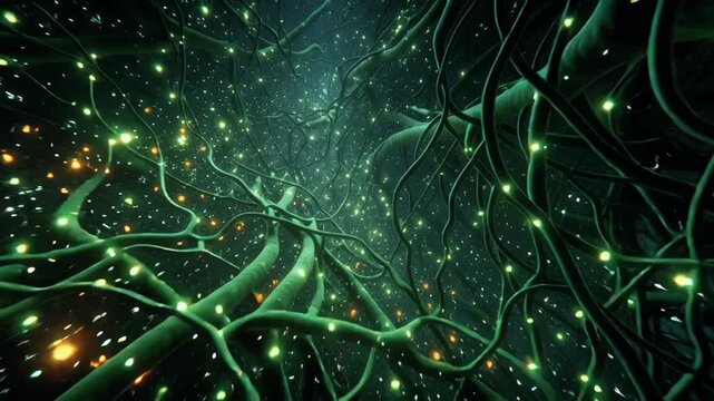 futuristic bioluminescent jungle, vines neural network, glowing AI nodes light, data fireflies zipping nodes, hyper detailed, digital organic fusion, cinematic dark ambient background, surreal complex