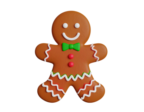 Gingerbread man with green bow tie and red buttons isolated on a transparent background