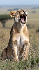 Lioness sitting, yawning wide with visible teeth in a grassy savanna