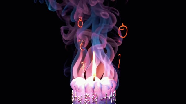 tall mystical candle with violet ghostly flame, ancient runes rise as smoke, arcane symbols form in the fire and fade away, dark fantasy, black background, seamless ethereal loop 4k video