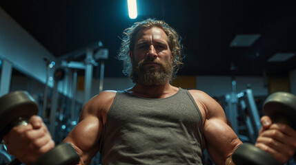 Bearded overweight man training hard with dumbbells at gym