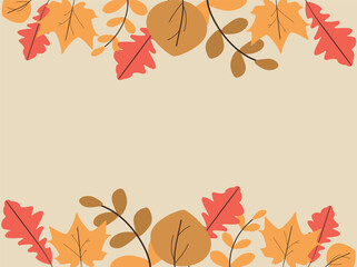 Flat vector autumn background with colorful fall leaves framing the top and bottom, perfect for seasonal greeting cards, invitations, and banners