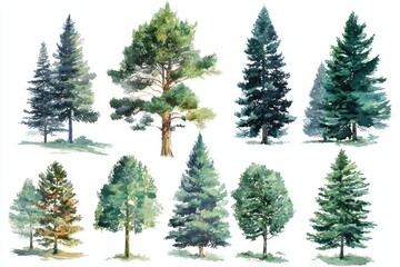 Watercolor illustration of various coniferous trees