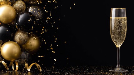 A champagne glasses with golden confetti around and black and golden balloons on black background as an elegant design for a party 