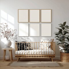 A mockup of a nursery wall with six blank horizontal frames above a child wooden bed with plants on both sides a carpet on the floor