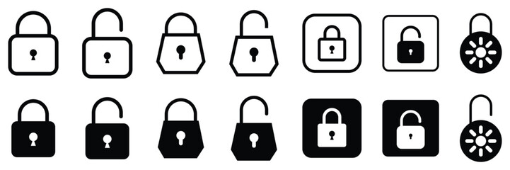 Locked and unlocked vector icon set. Contains such icons as safety, key, shield, padlock, password, privacy, internet security and more. Privacy symbol vector stock illustration.