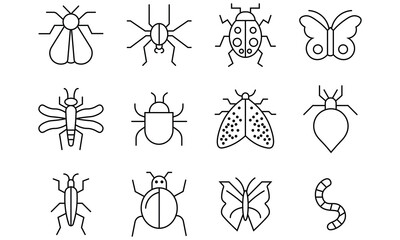 Insect black glyph thin line icons set. Collection of insect icon butterfly, beetle, ant, spider, bug, bee, cockroach, caterpillar, dragonfly and more. Flat vector insects symbol. Vector illustration.