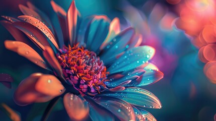 Vibrant close-up of a dew-kissed flower with teal, orange, and pink petals, showcasing intricate details and a blurred, bokeh-filled background