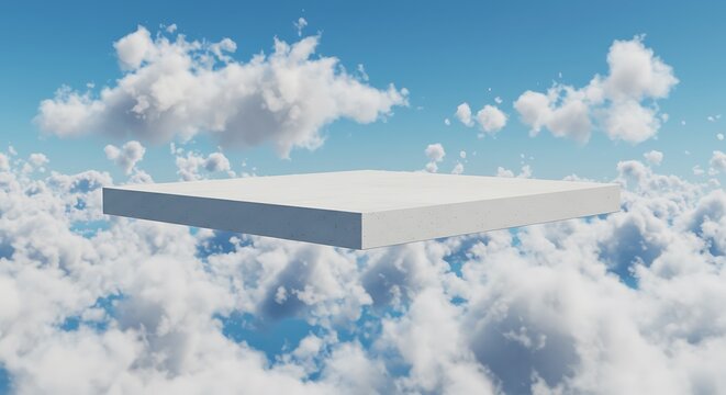 A minimalist white square platform appears to float effortlessly above a vast expanse of soft, white clouds under a brilliant blue sky.