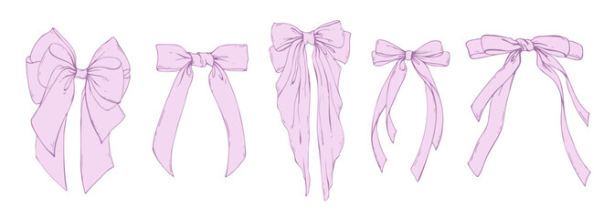 Set of large pink coquette bows with long tails made of textile satin and silk ribbons. Hand-drawn illustration in line art graphic. For women, girls, holidays, decoration, accessories and gifts.