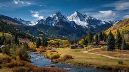 Scenic autumn mountain landscape with snowy peaks, flowing river, colorful fall foliage, pine trees, wooden cabins, clear blue sky, natural outdoor environment, peaceful rural setting, vibrant seasona