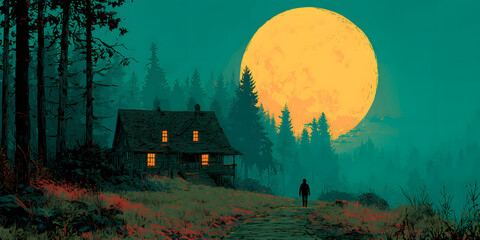 Silhouette figure walks along path toward haunted house at night. Creepy house with lit windows under big moon. Spooky atmosphere in foggy forest. Retro 80s horror movie poster design. Nostalgic,