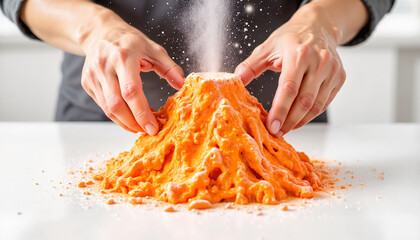 Hands creating an erupting volcano model with orange foam  
