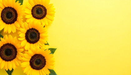 Bright yellow sunflowers arranged in a corner against a vibrant yellow background.
