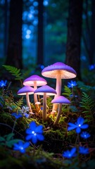 Fototapeta premium Illuminated mushrooms in a mystical forest (4)