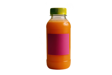 Plastic bottle of orange juice with a pink label.