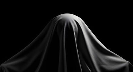 Enigmatic draped form casting dramatic shadows against an abyss background