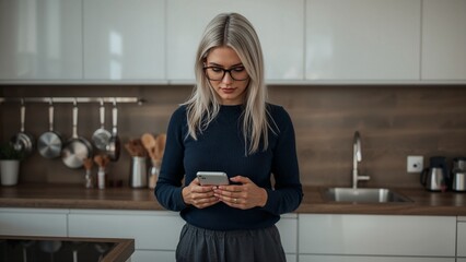Modern woman interacting with a smartphone in a contemporary kitchen setting, bathed in natural