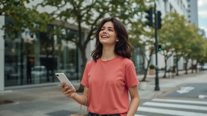 Fototapeta premium Smiling woman with phone crosses the street feeling optimistic in an urban setting