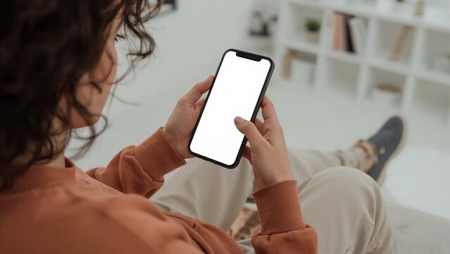 Woman casually scrolling through a mobile phone with an isolated screen while relaxing at home,