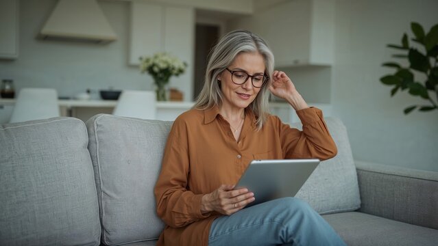 Elegant mature woman enjoying leisure time with tablet at home on comfortable couch