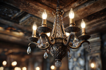 Vintage chandelier against wooden ceiling