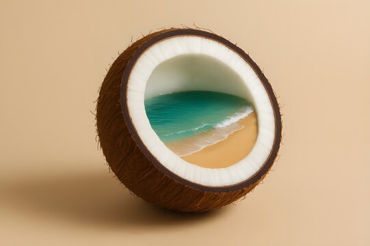 Surreal and Empty Miniature Beach Scene Inside a Coconut