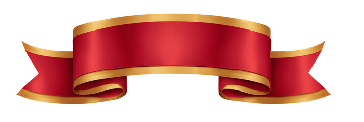 Illustration of a curved red ribbon with gold trim, isolated on a transparent background