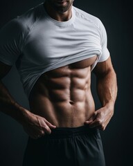 Fototapeta premium Muscular man lifting white t-shirt to reveal defined six-pack abs and toned torso, dramatic lighting on athletic body against dark background, fitness and bodybuilding concept 