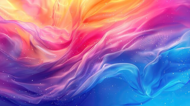 Vibrant, flowing fabric in hues of pink, orange, yellow, and blue, interspersed with sparkling particles, creating a dreamy, ethereal effect - Powered by Adobe