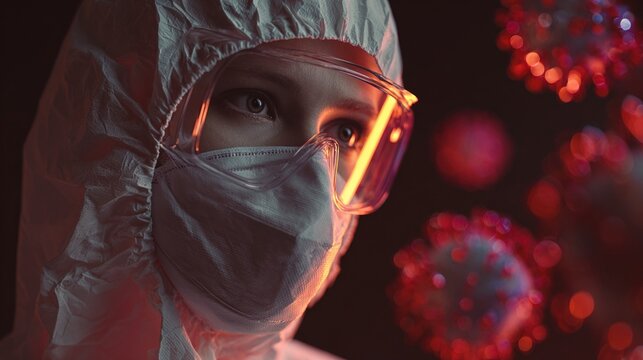Close-up of healthcare worker wearing protective suit, face mask, and goggles with focused eyes, blurred red virus particles in background, medical and pandemic safety concept