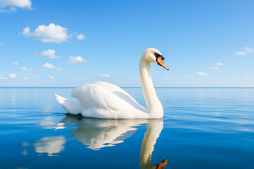 High-Resolution Ultra-Realistic Image of a Graceful White Swan Gliding on a Calm Reflective Lake Under a Bright Blue Sky with Puffy Clouds – Ideal for Showcasing Tranquility, Elegance, Wildlife Beauty