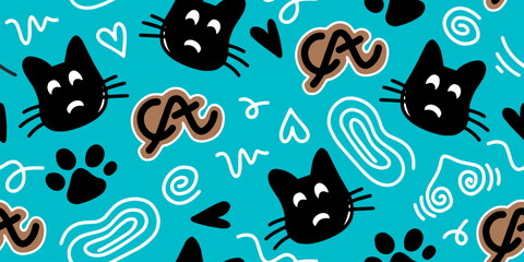 Seamless pattern with black cat cartoons and heart in doodle style on blue background. vector illustration.